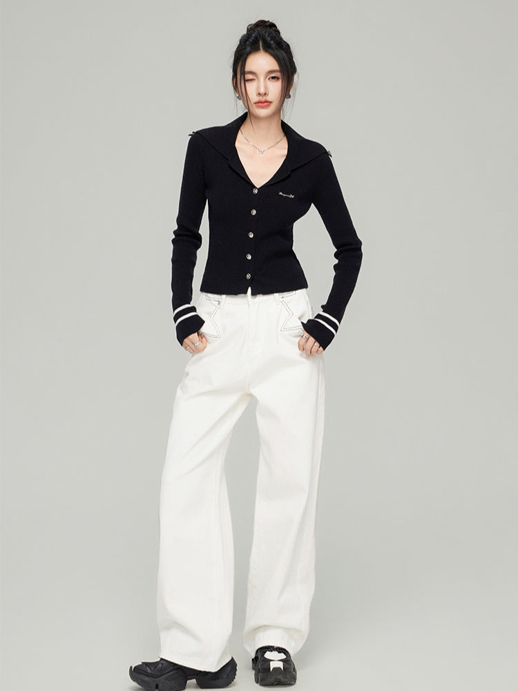 Navy Collar Ribbed Knit Cardigan  - CHINASQUAD