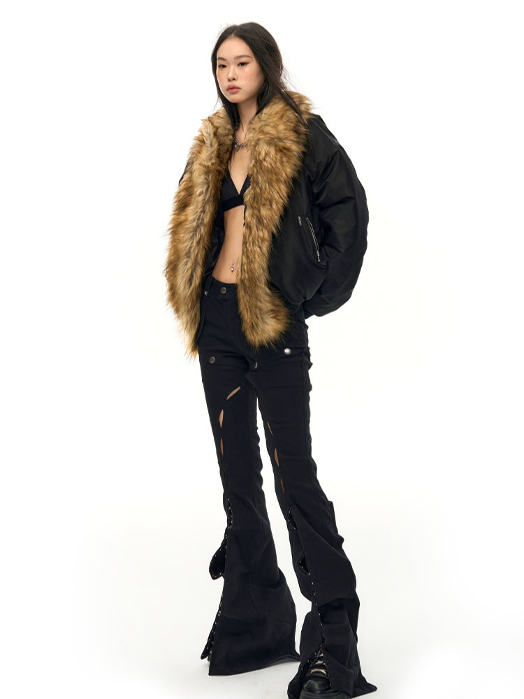 Fur Collar Oversized Down Flight Jacket - CHINASQUAD