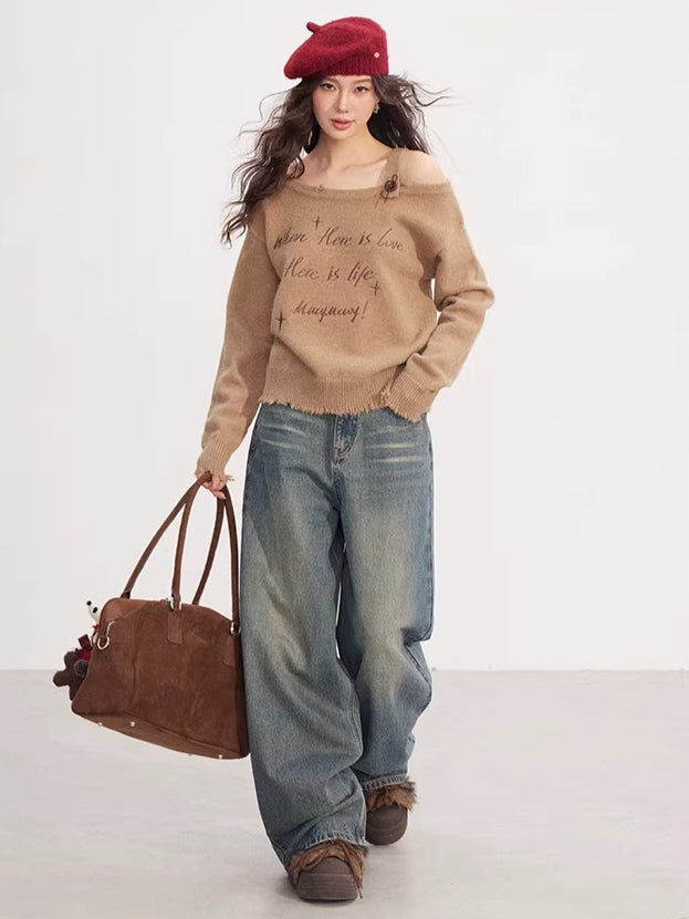 Deconstructed Off-Shoulder Embroidered Knit Sweater