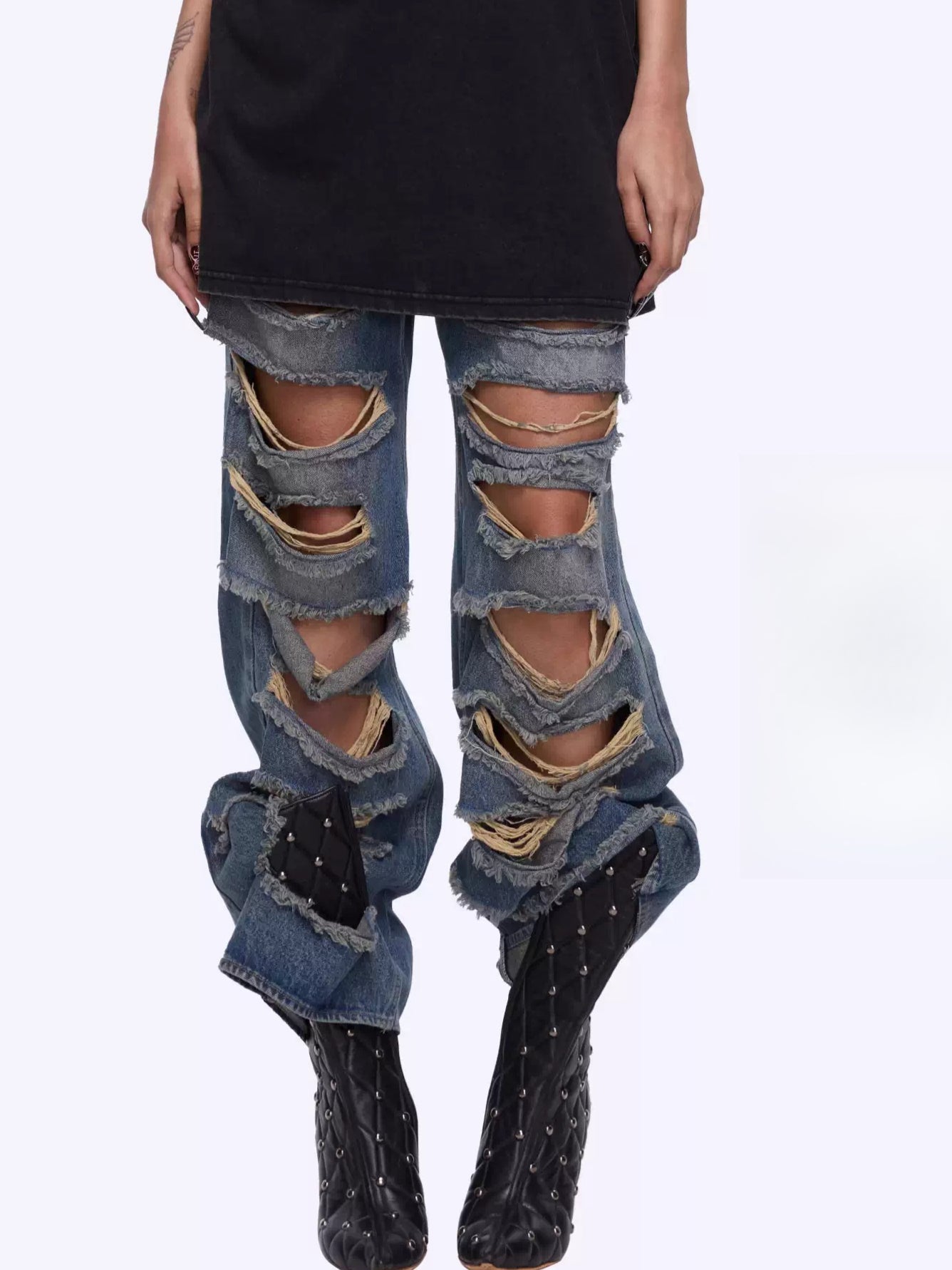 Vintage Washed Distressed Wide-Leg Denim Jeans