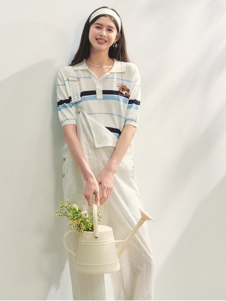 Embroidered Striped Knitted Short-sleeve Polo Shirt - CHINASQUAD