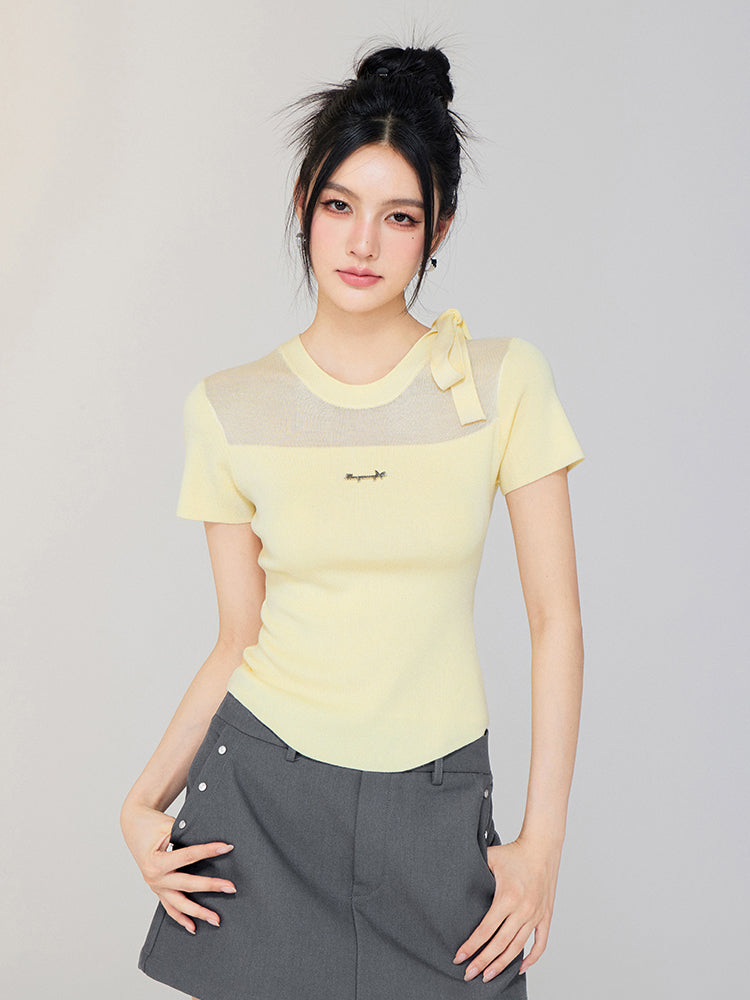 Hollow-out Tie-up Knit Round Neck Short Sleeve Top - CHINASQUAD