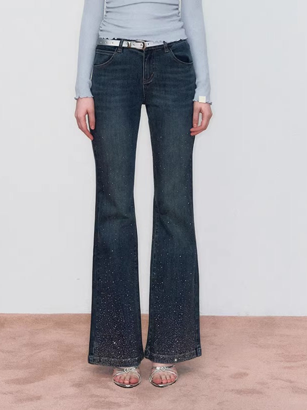 Vintage Rhinestone-Embellished Flared Denim Jeans