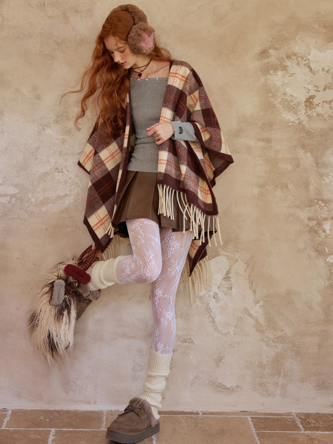 Vintage Plaid Fringe Shawl Scarf