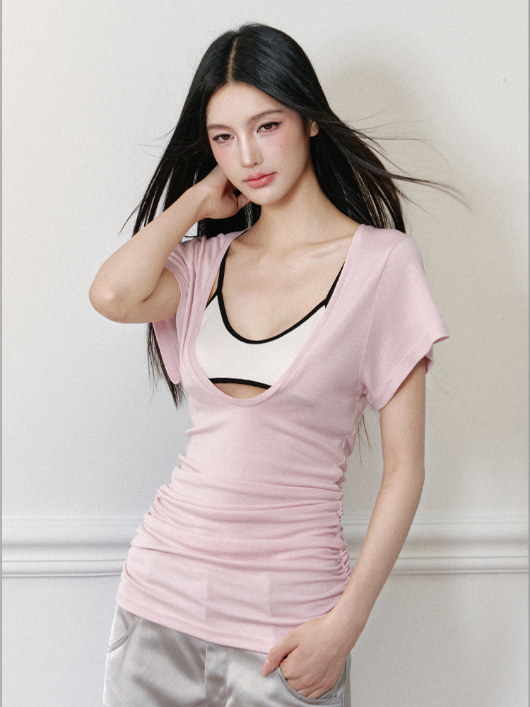 Color-Block Real Two-Piece U-Neck T-Shirt - CHINASQUAD