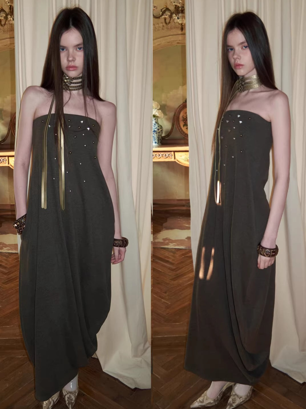 Studded Sculptural Strapless Maxi Dress