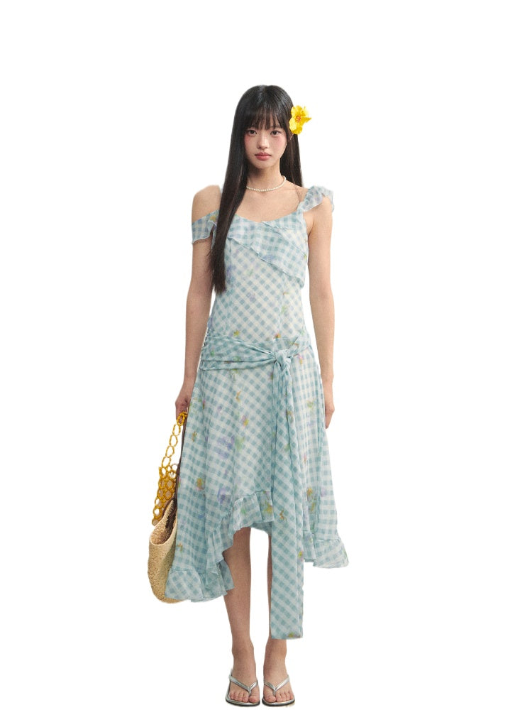 Checkered Print Asymmetrical Slip Dress - CHINASQUAD