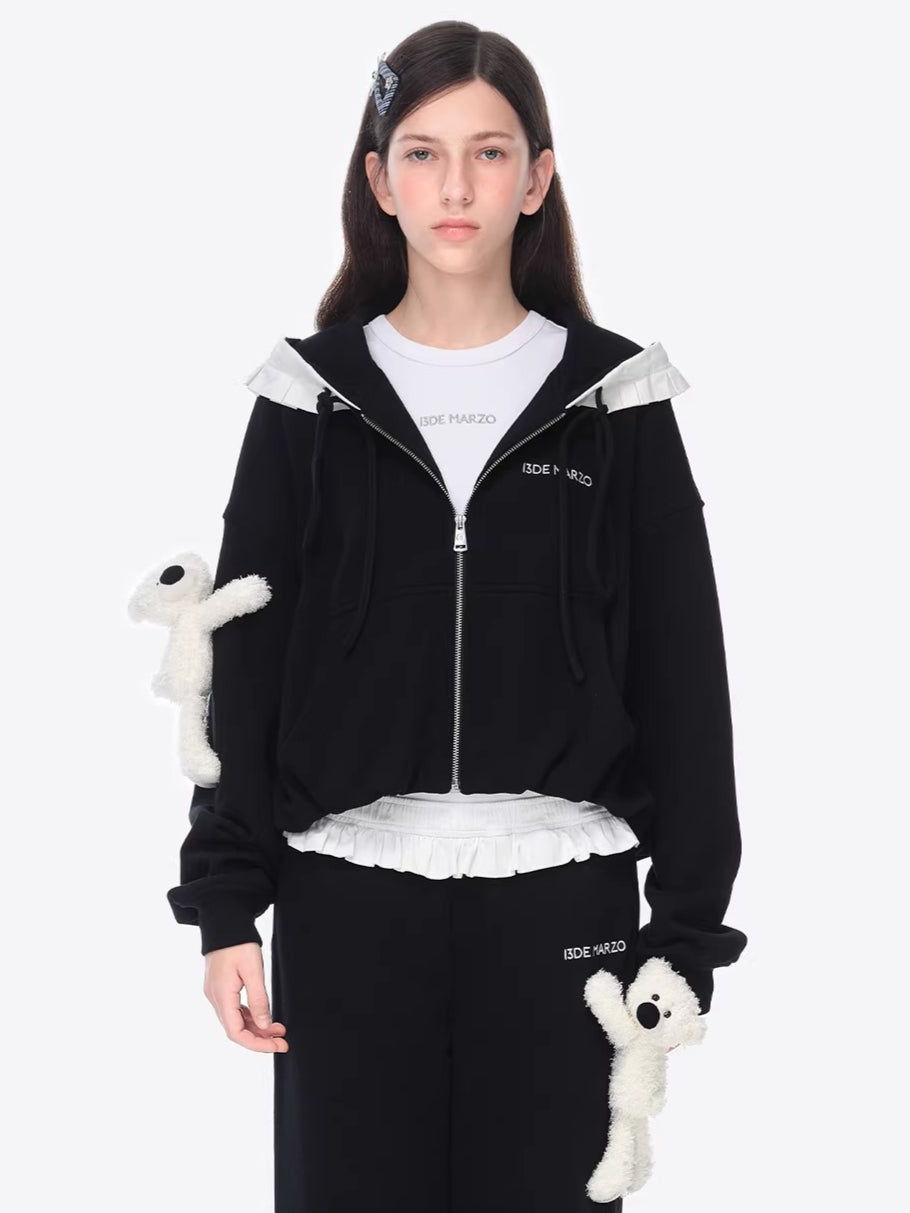 Ruffled Hooded Zip-Up Cropped Sweatshirt