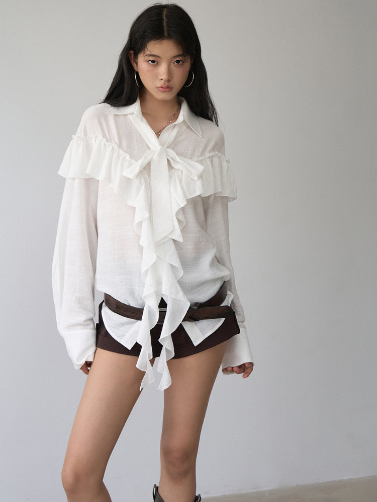White Ruffled Drawstring Long-Sleeve Shirt - CHINASQUAD