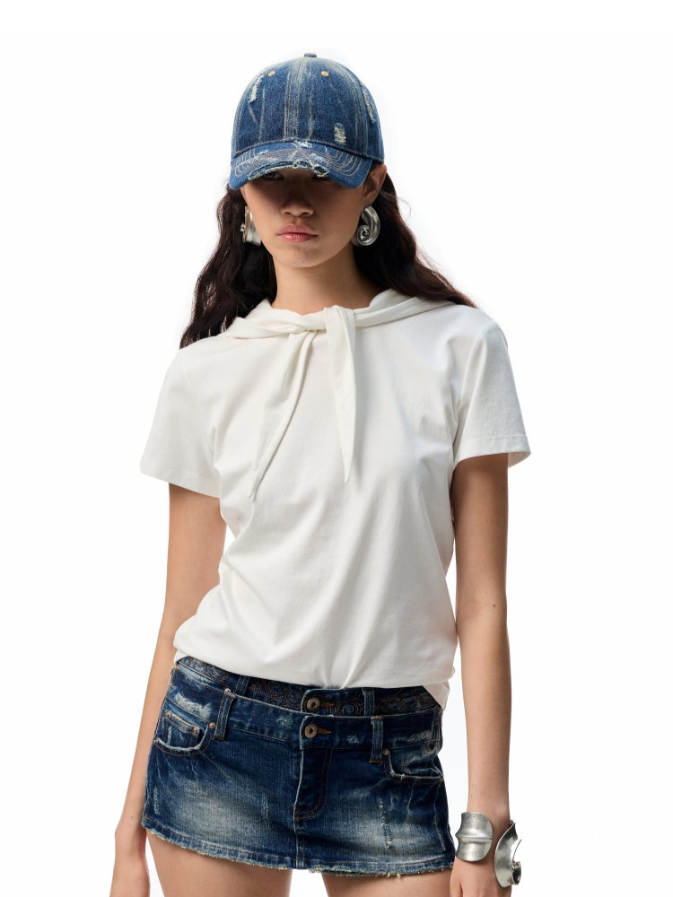 Hooded Bow Solid-Color T-shirt - CHINASQUAD