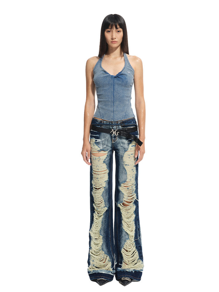 Denim-like Retro U-Neck Halter Tank Top - CHINASQUAD