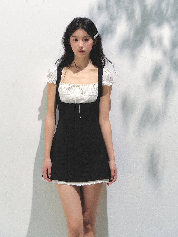 Black-White Contrast Two-piece Square Neck Dress - CHINASQUAD