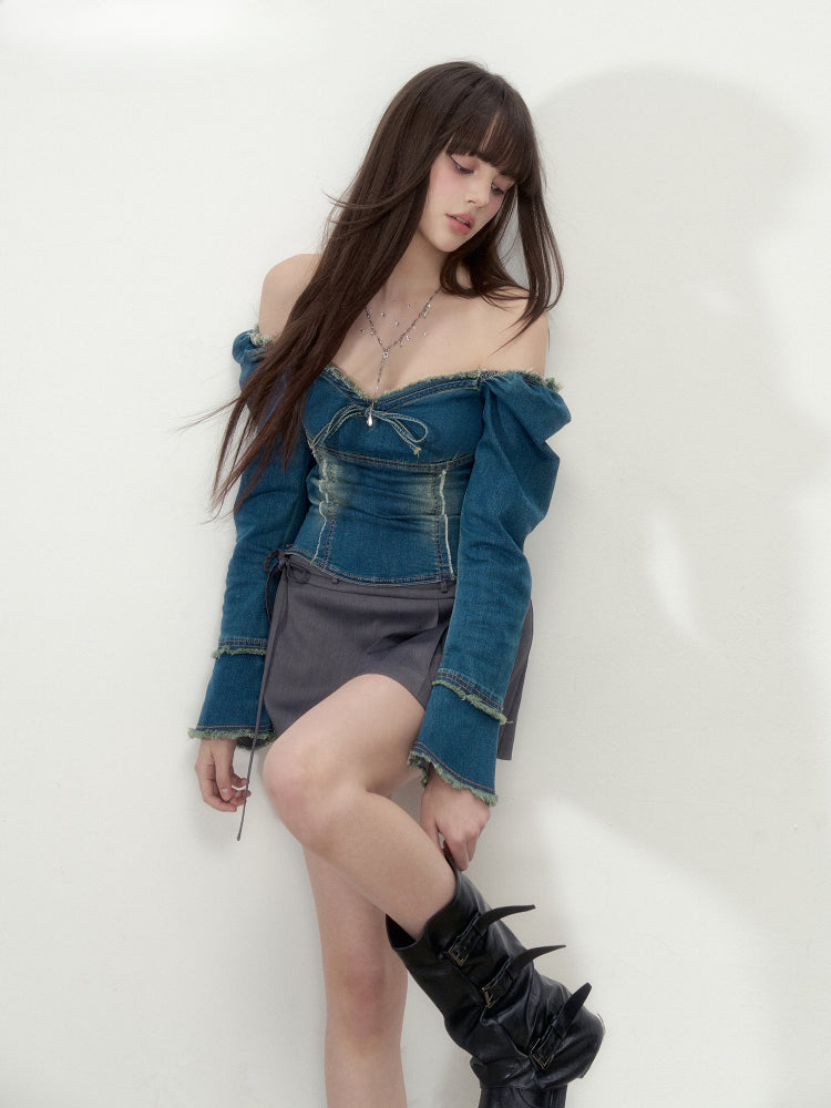 Waist Cinch Frayed Two-Way Soft Denim Top - CHINASQUAD