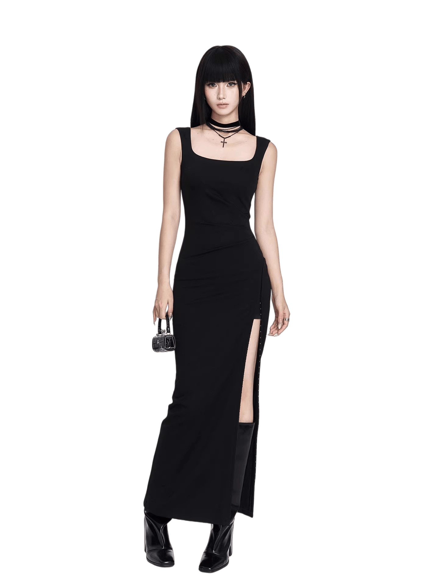 Waist-Cinching Little Black Maxi Dress