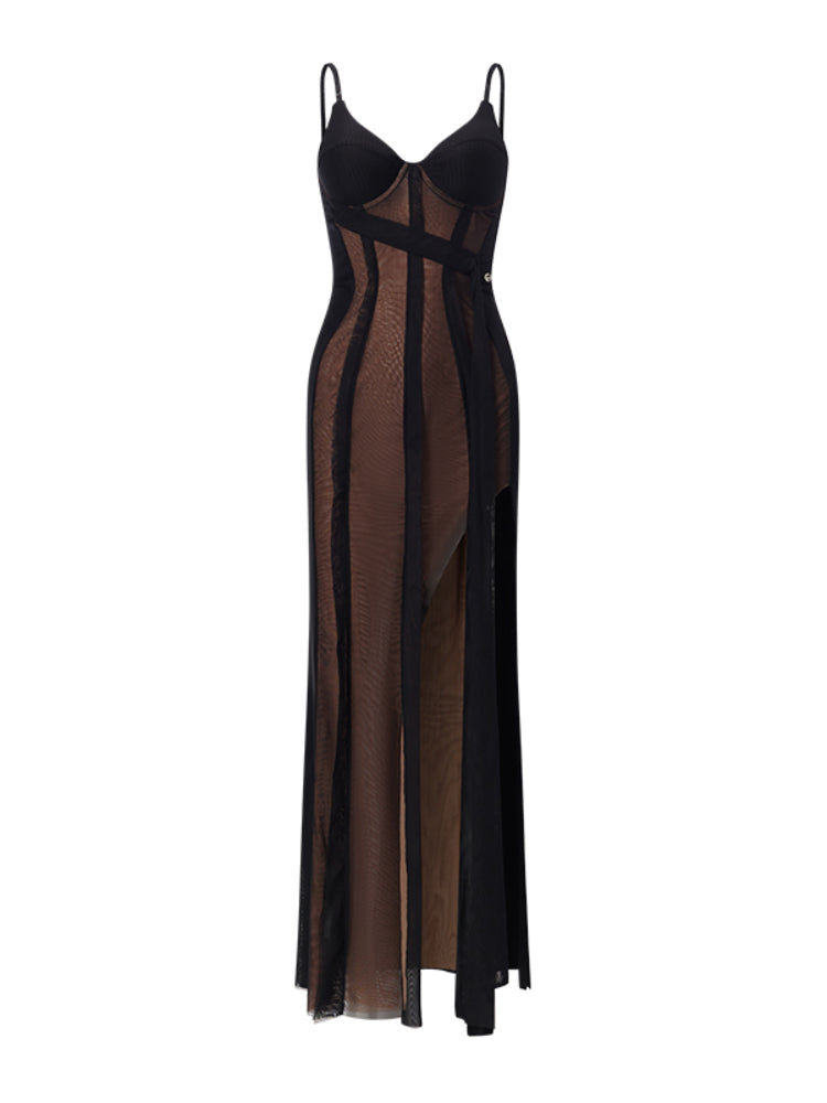 High-Split Patchwork Spaghetti Strap Dress - CHINASQUAD