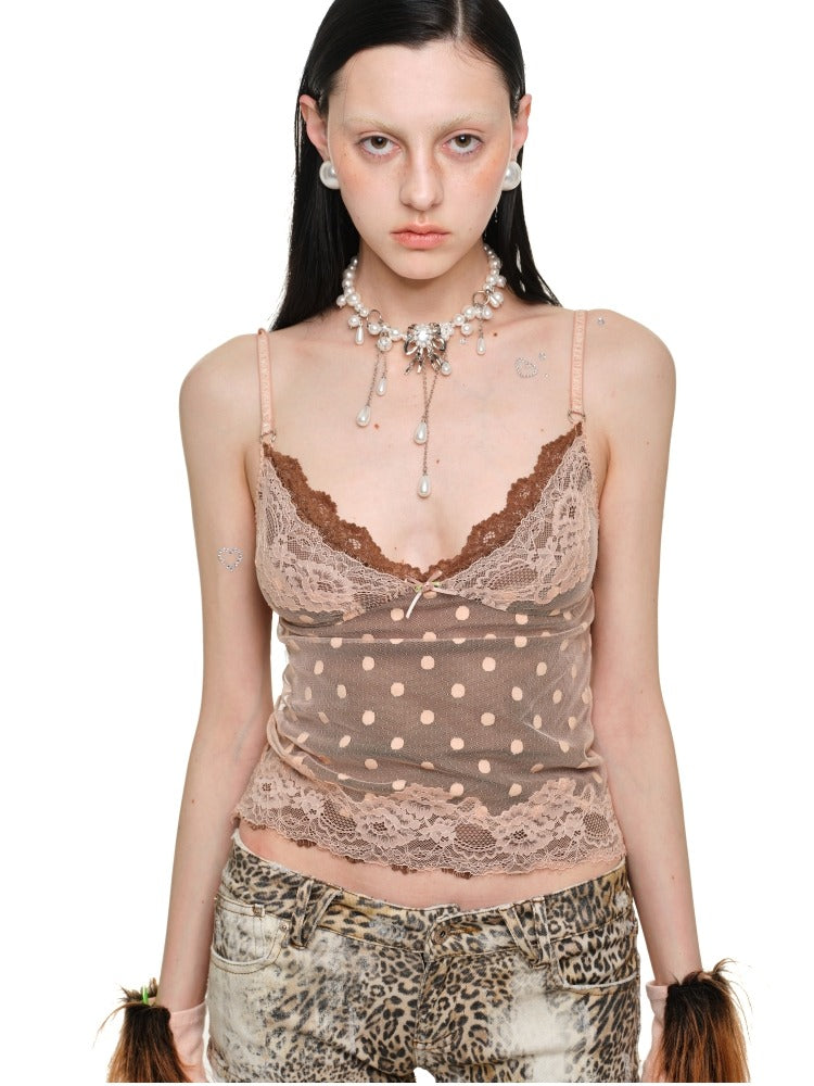 Double-Layer Polka Dot Lace Trim Tank Top - CHINASQUAD