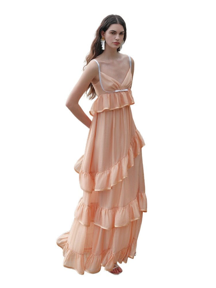 Ruffled Spaghetti Strap Backless Dress - CHINASQUAD