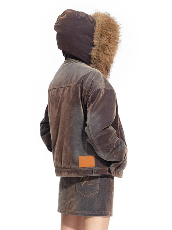 Ross Oversized Washed Eco Fox Fur Collar Denim Jacket