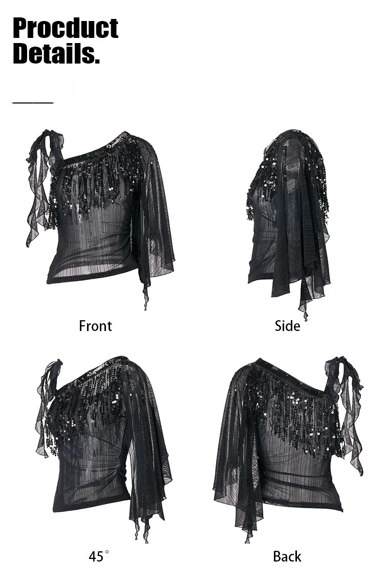 Black Asymmetric Sheer Lurex Mesh Fringe Top
