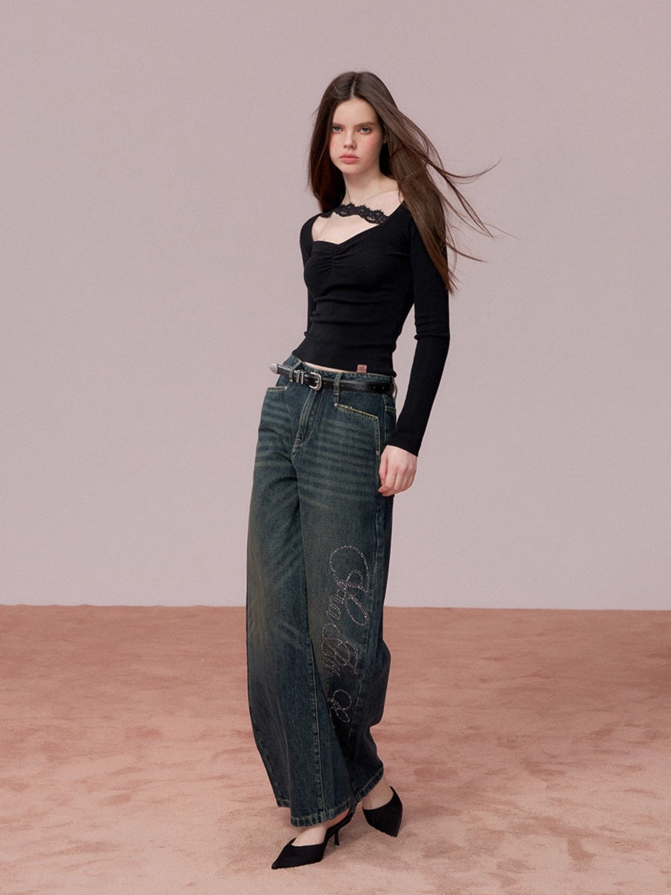 Ruched Lace-Trim Fitted Knit T-Shirt