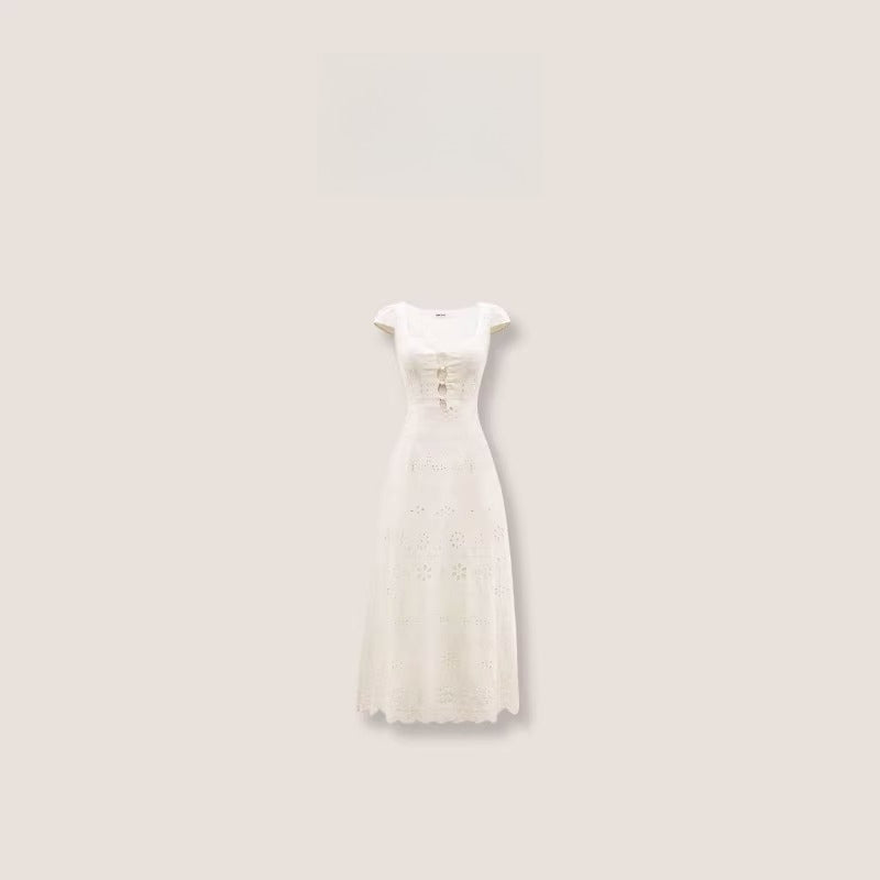 Cream White Lace-Panel Slim Fit Textured Dress