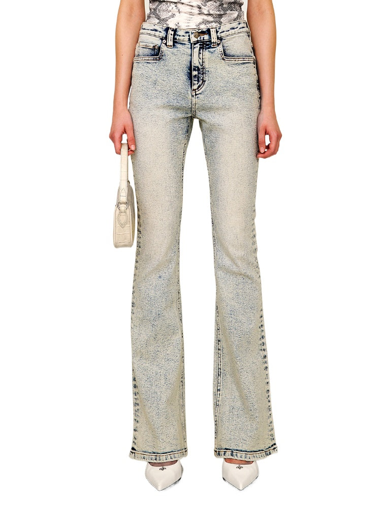 Retro Washed Elastic Flared Mid-Waist Long Pants