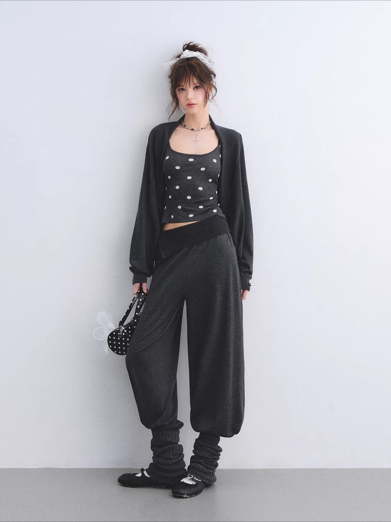 Contrast Polka Dot Cardigan & Cami Set