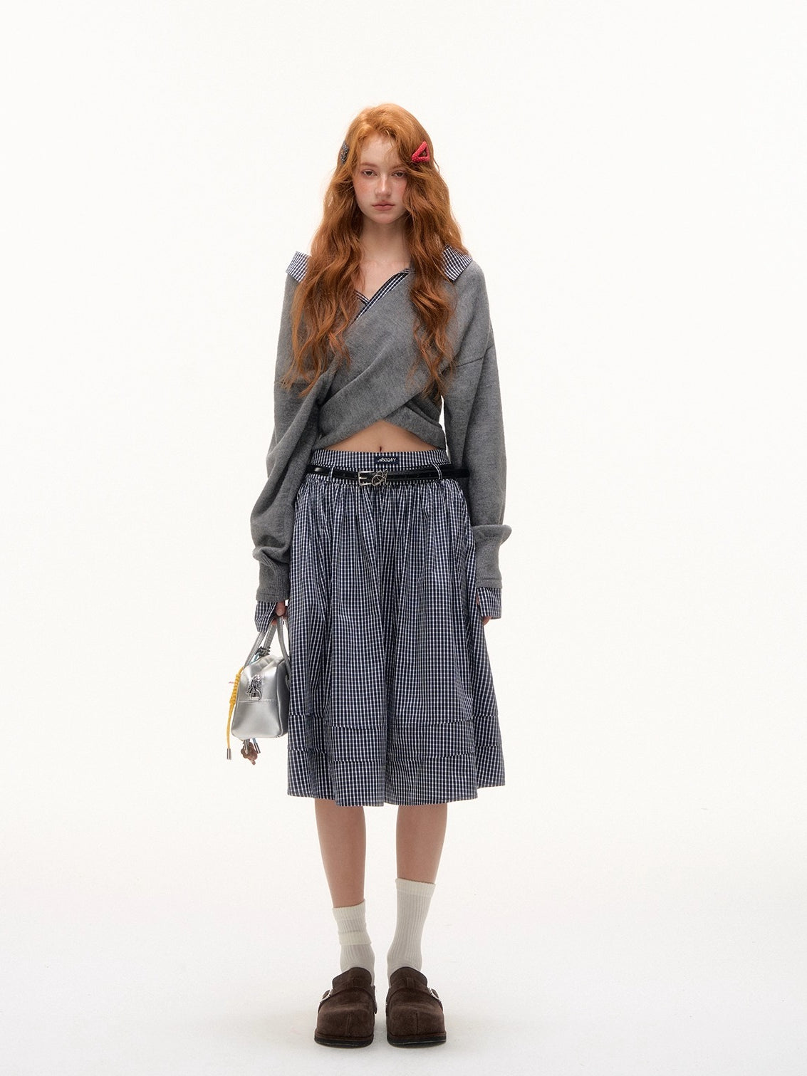 Off-Shoulder Plaid Panel Cross Sweatshirt - CHINASQUAD