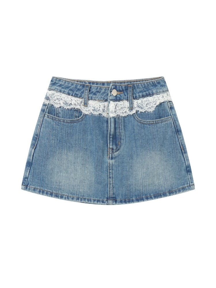 Blue Lace-Trim Denim Skirt - CHINASQUAD