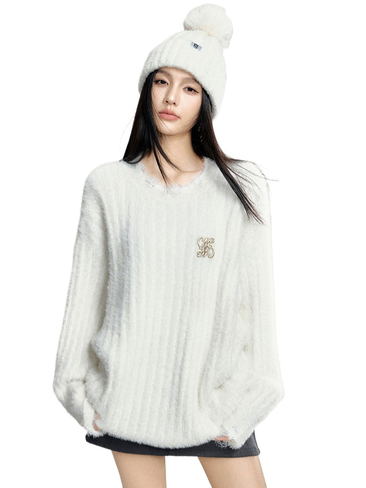 White & Khaki Loose Fit Mink Sweater - CHINASQUAD