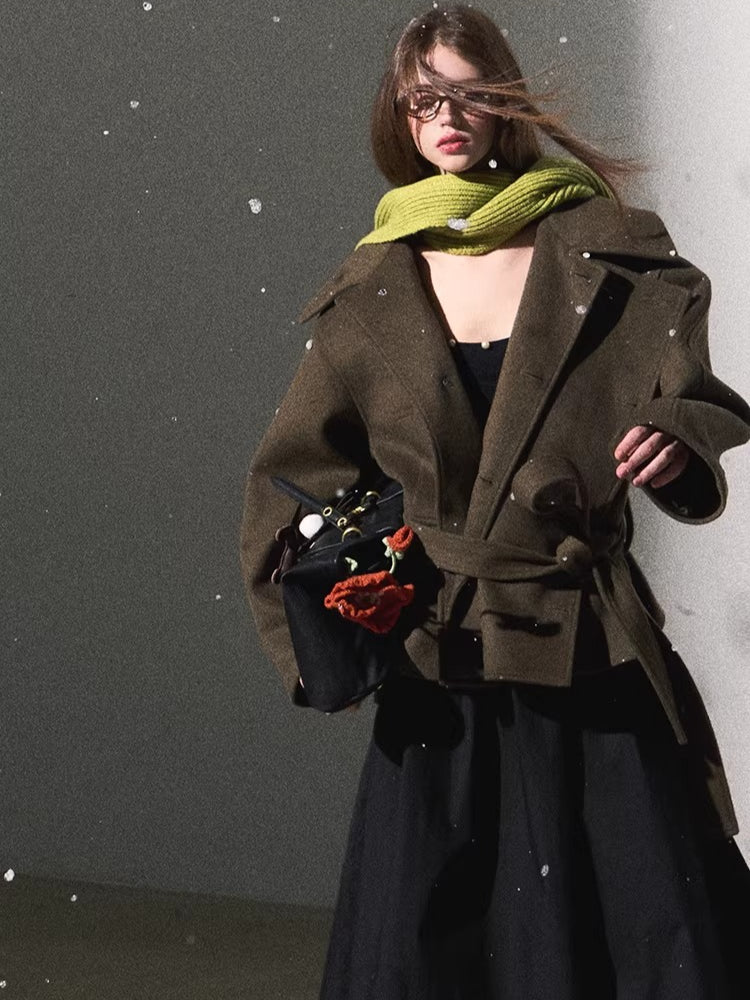 Waist-Defining Silhouette Stand-Collar Wool Coat