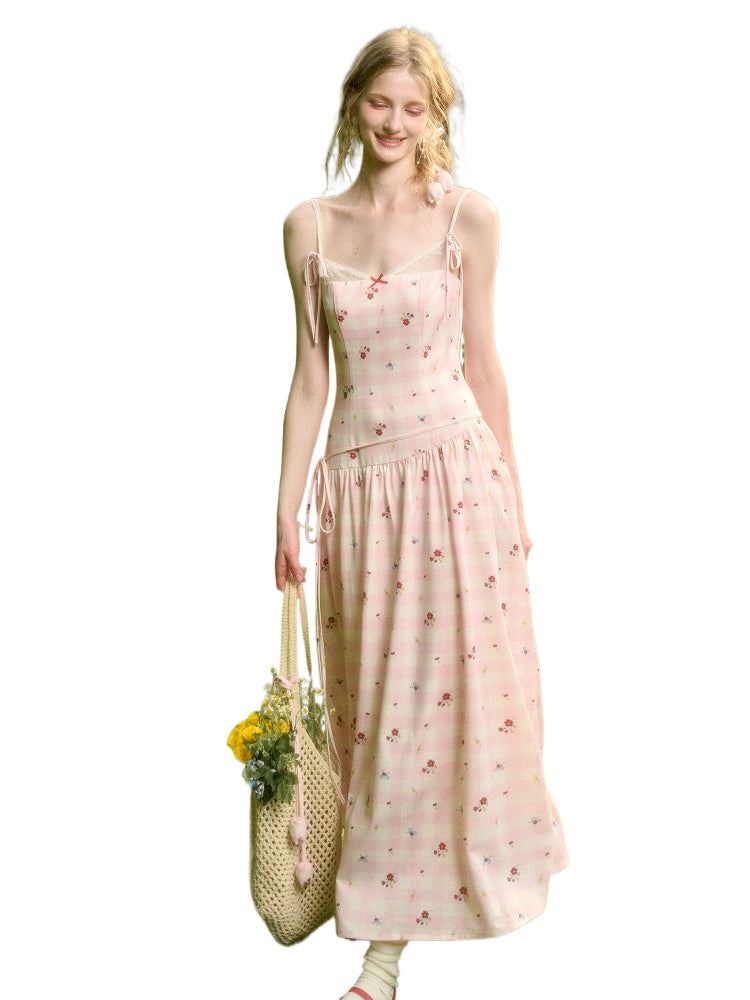 Pink Check Hand-Painted Print Dress - CHINASQUAD