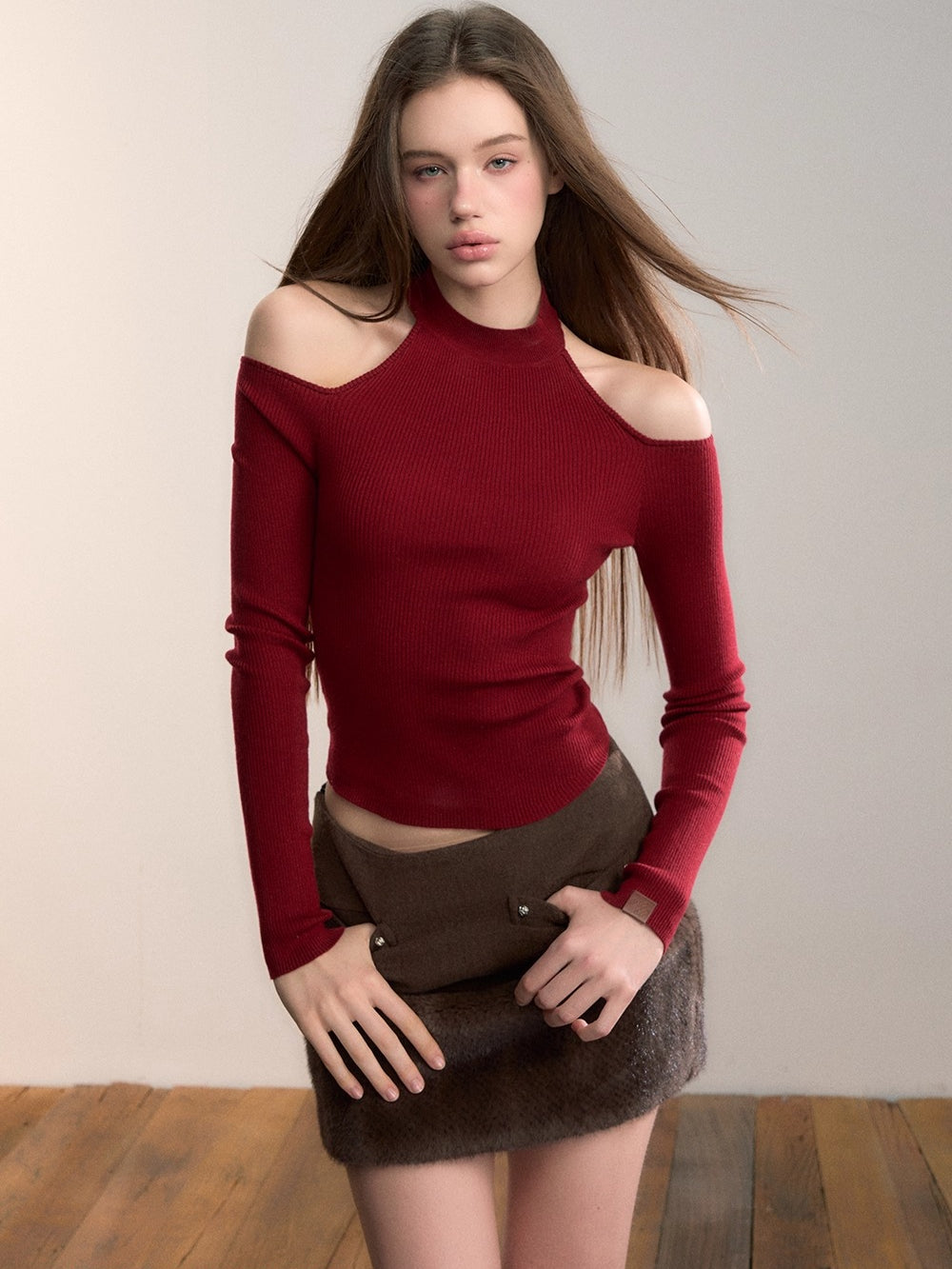 Reversible Cold-Shoulder Knit Turtleneck