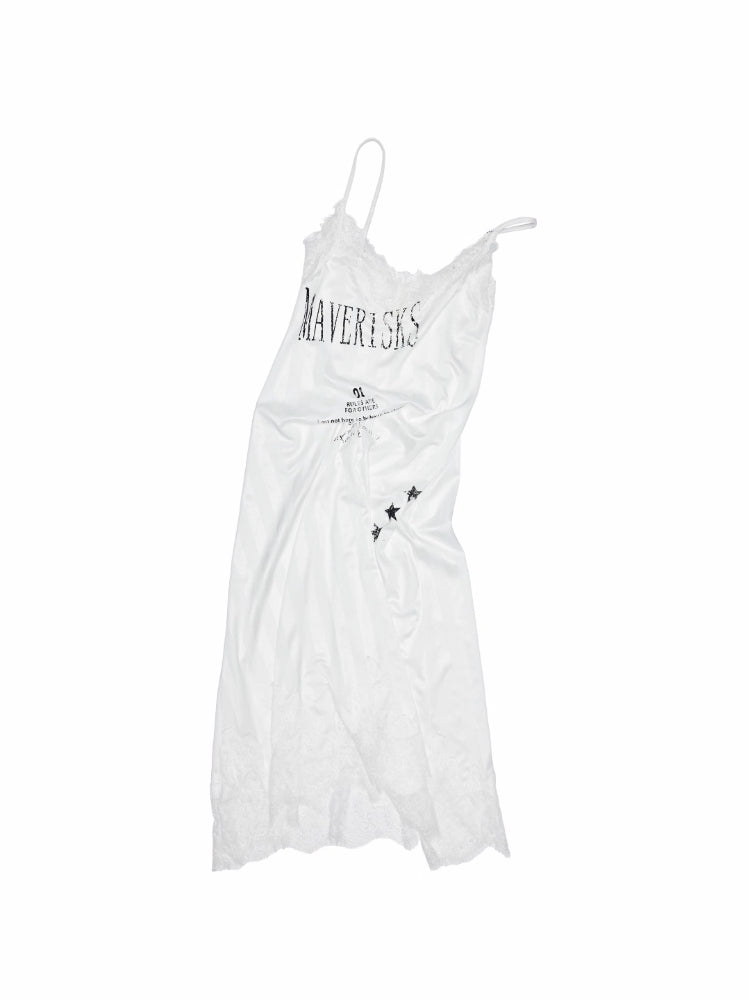 Letter-printed Spliced Lace Camisole Dress