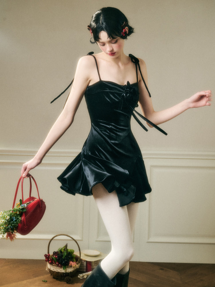 Classic Red Velvet Handcrafted Floral Velvet Dress - CHINASQUAD