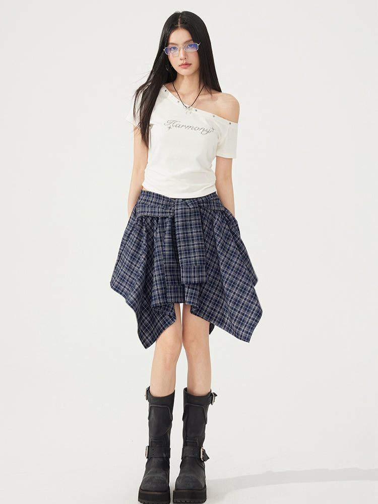 Plaid Tie Up Irregular Shirt Skirt - CHINASQUAD
