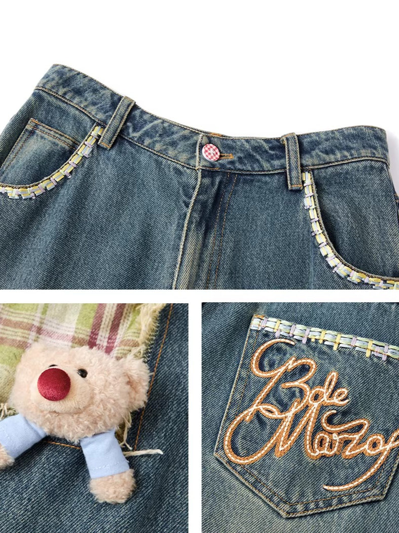 Distressed Plaid Straight-Leg Wide Jeans