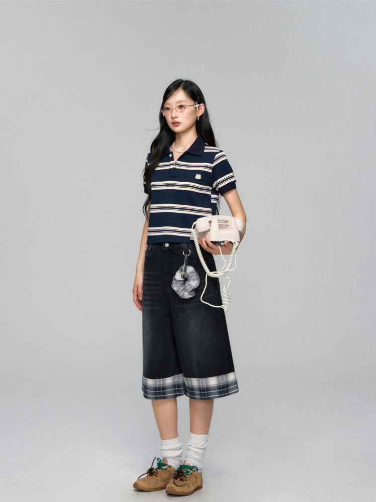 Polo-Collar Striped Color-Blocking T-shirt - CHINASQUAD