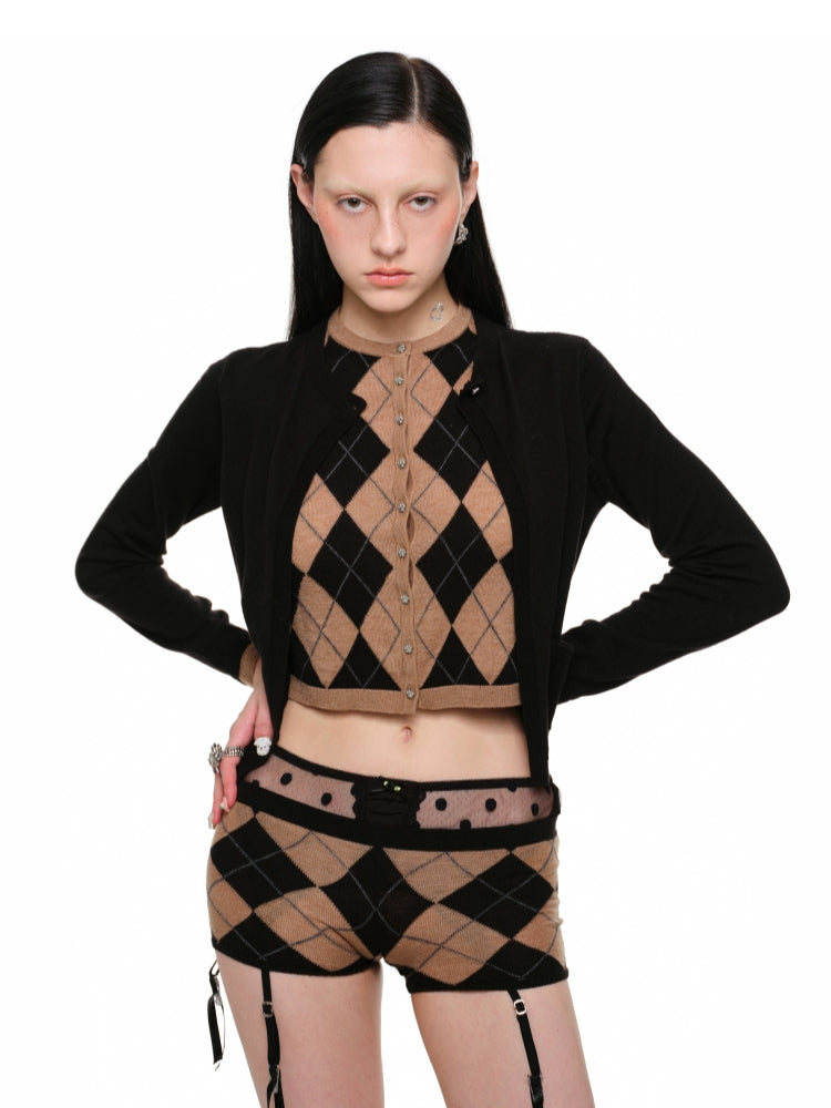 Diamond Pattern Fake Two-Piece Cardigan & Pant Set - CHINASQUAD