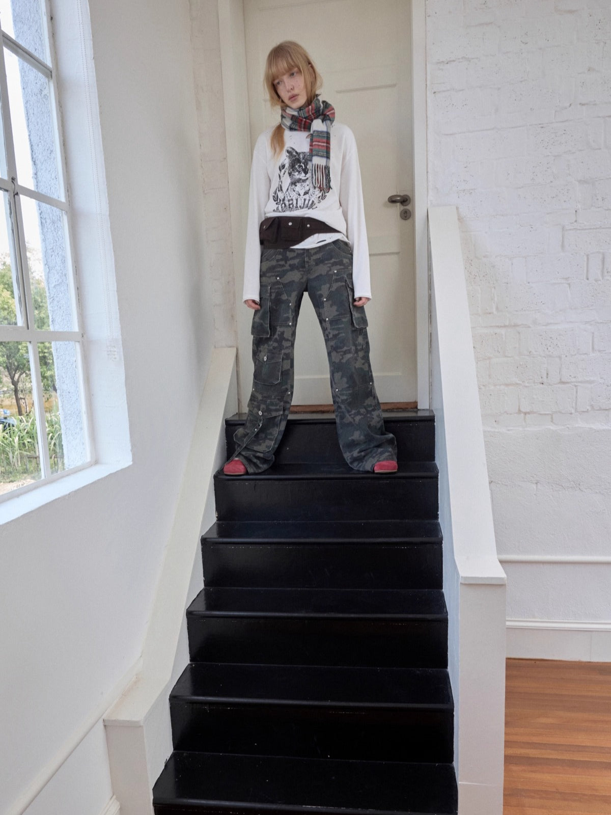 Washed Camouflage Multi-Pocket Cargo Wide-Leg Pants - CHINASQUAD