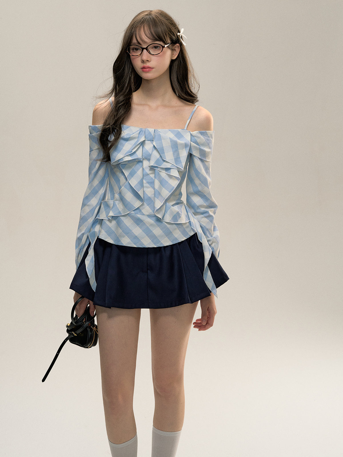 Blue Checkered Detachable Sleeve Off-shoulder Shirt - CHINASQUAD