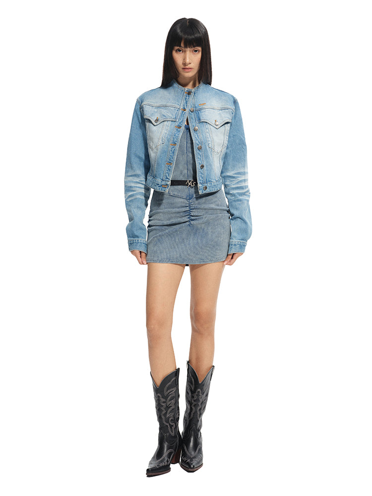 Twill Denim Cat-Whisker Stand-Collar Cropped Jacket - CHINASQUAD
