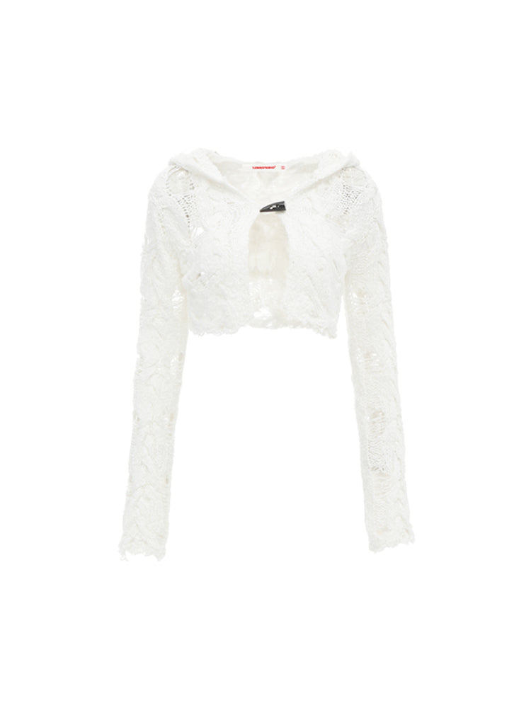 Black & White Hollow Out Knit Hoodie - CHINASQUAD