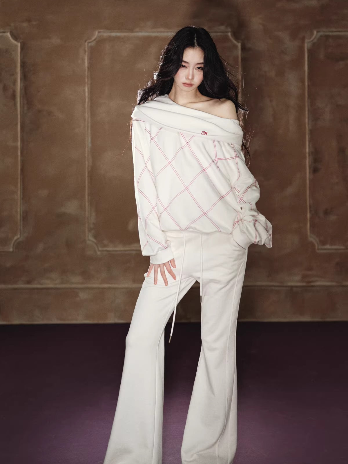 Off-Shoulder Sweatshirt & Flared Wide-Leg Sweatpants Set