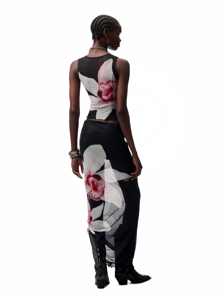 Floral Print Rhinestone Mesh Vest - CHINASQUAD