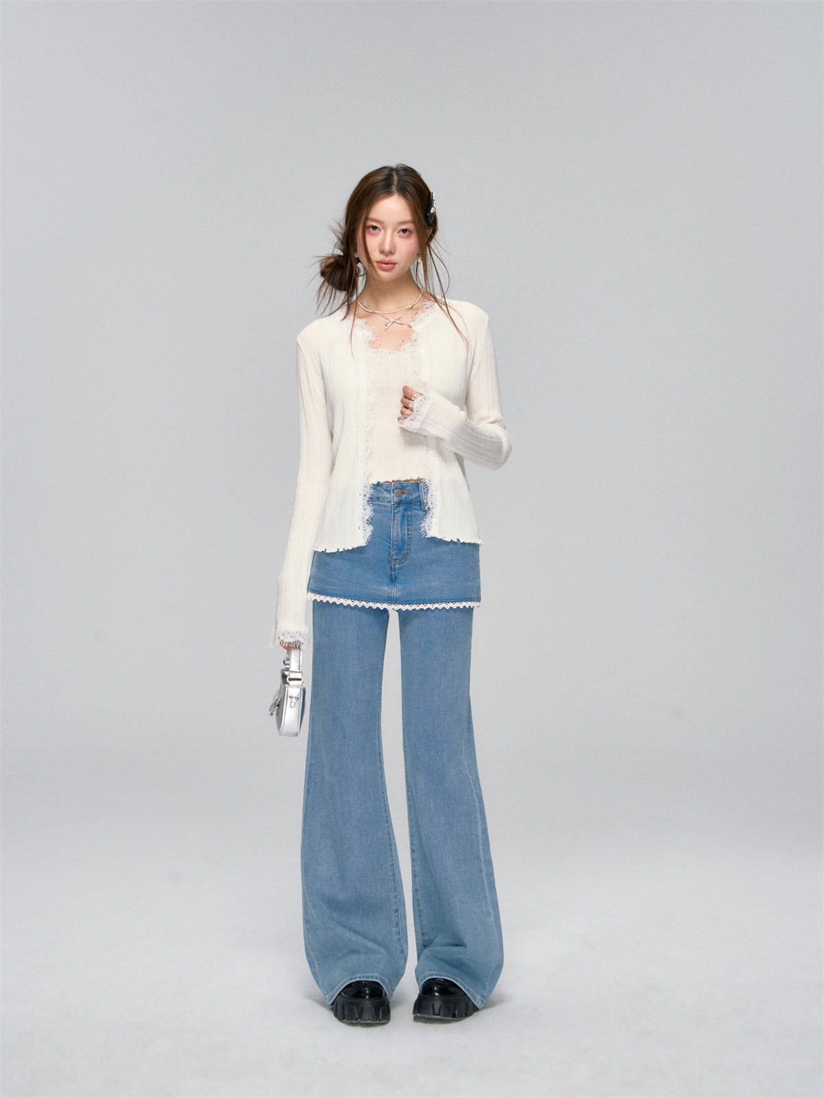 Lace Layered Faux Two-Piece Denim Pants - CHINASQUAD