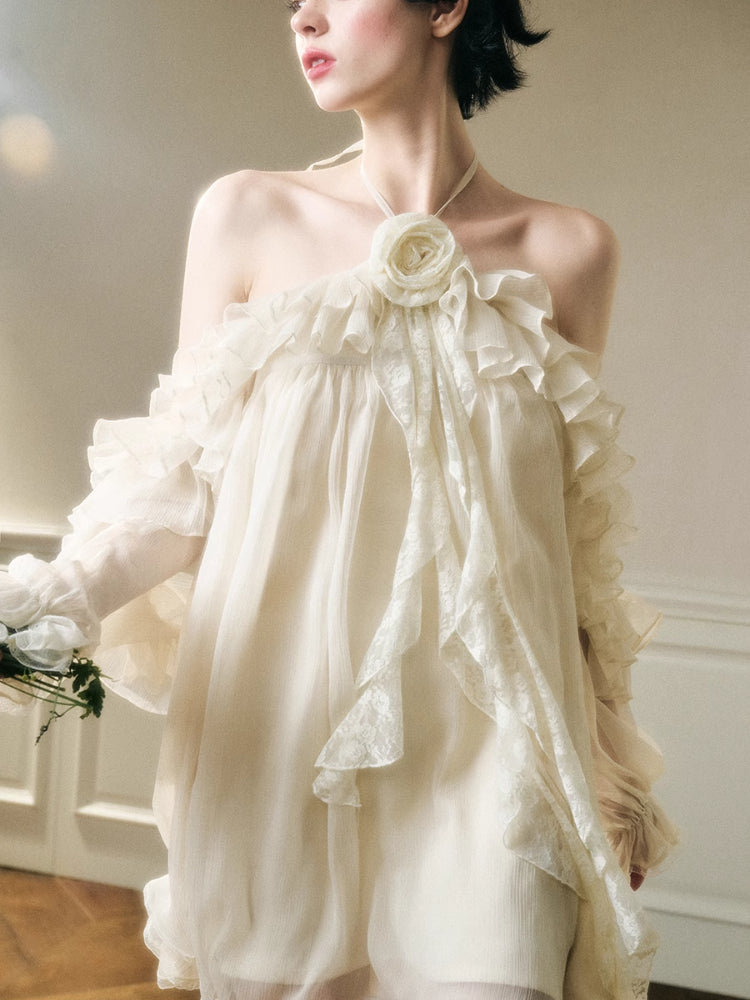 Halter Neck Off-Shoulder Ribbon Dress - CHINASQUAD