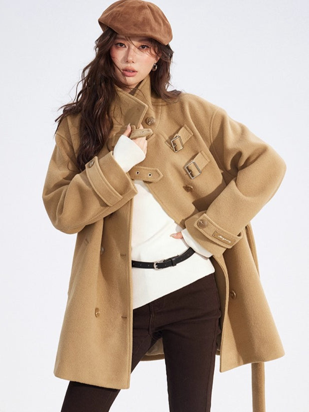 Double-Breasted Wool Blend Stand-Collar Coat