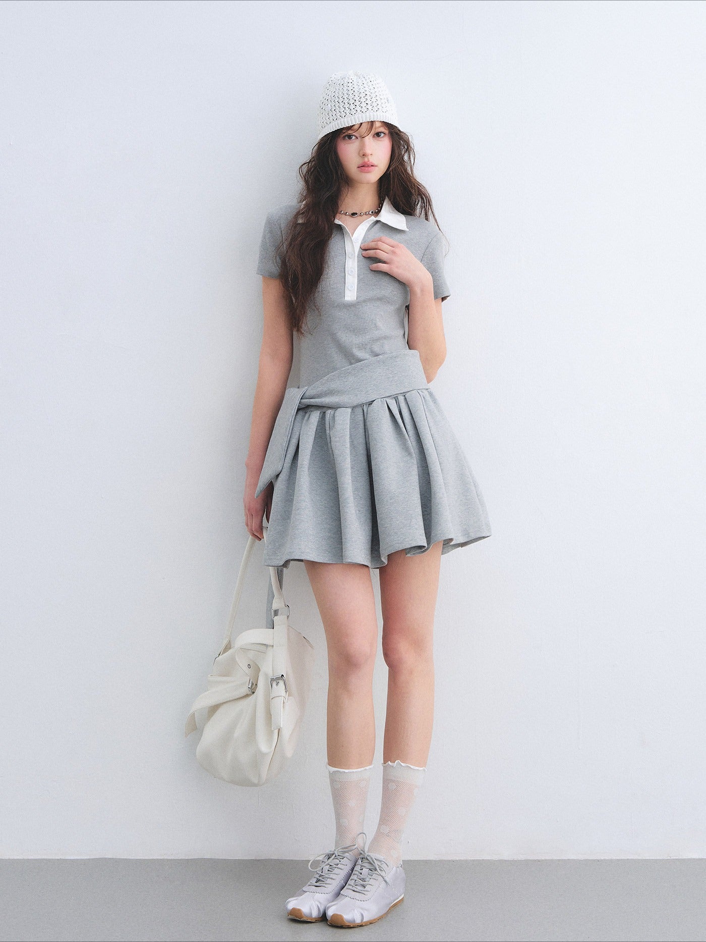 Contrast Polo Collar Puff Dress Two-Piece Set