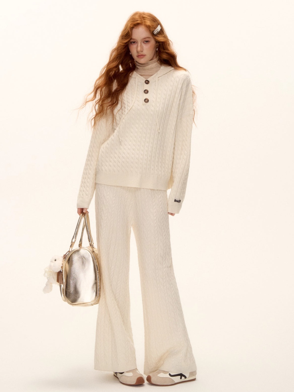 Wool Blend Cable Knit Hoodie & Wide-Leg Pants Set